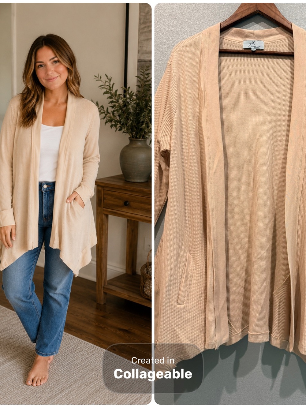 Joan Vass Supima Cotton Modal Oat Shark Bite Open-Front Cardigan Lagenlook Natur